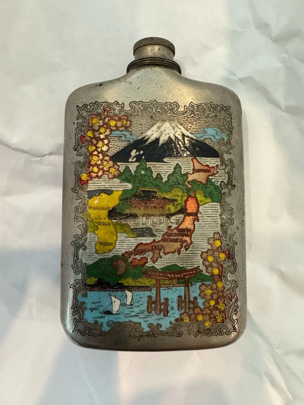 Vintage Korean War Era Silver-Toned Flask With Enameled Map of Korea and Japan